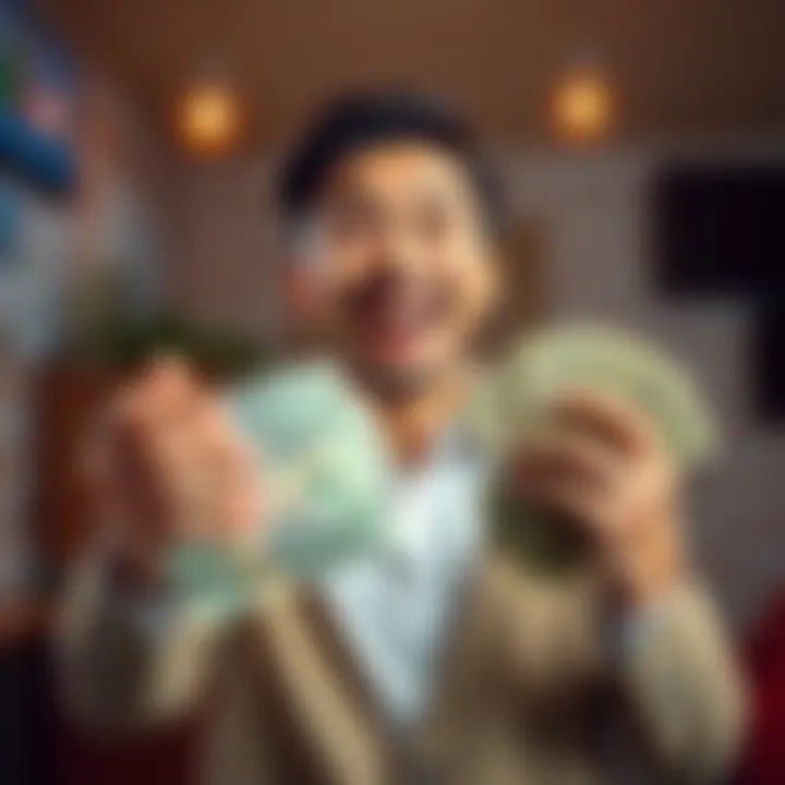 A cheerful person holding a stack of cash, excited about receiving their monthly bonus.