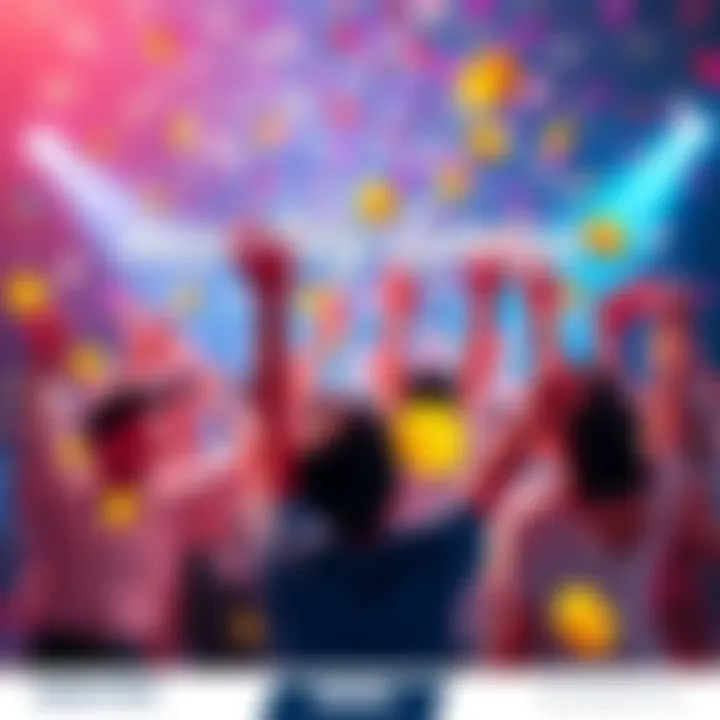 A cheerful graphic showing people celebrating a monthly bonus with money icons and confetti