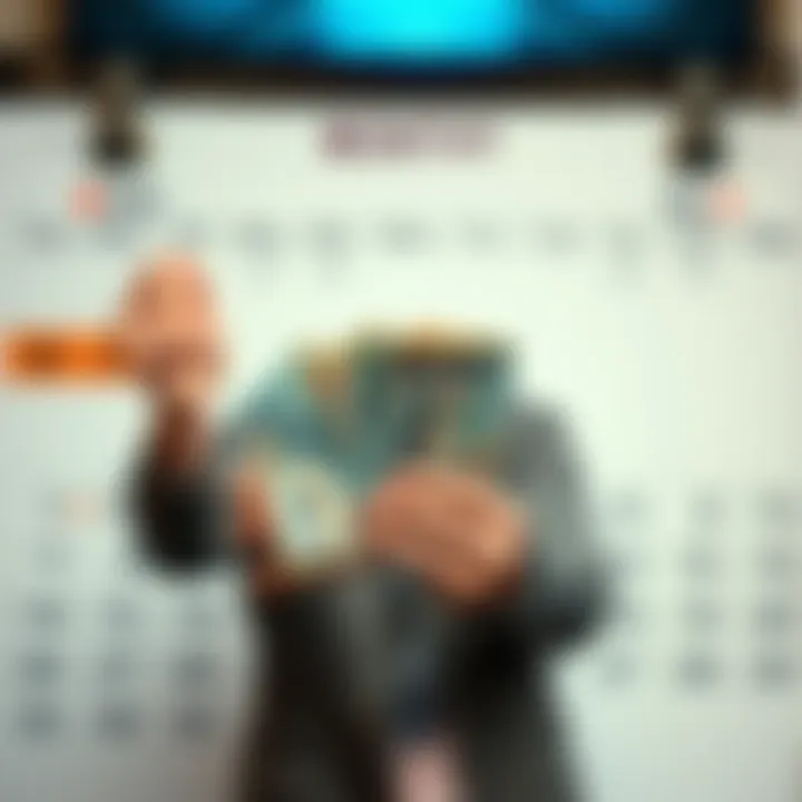 A person excitedly holding cash with a calendar in the background showing the current month.