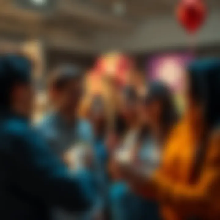 A group of people excitedly discussing and sharing their guesses for a monthly contest, with prizes displayed in the background.