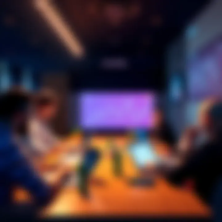 A group of people discussing crypto rewards at a table with laptops and charts