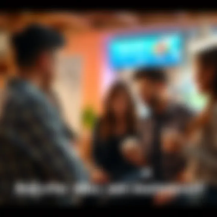 Group of people engaging in a conversation about guessing monthly incomes in a casual setting