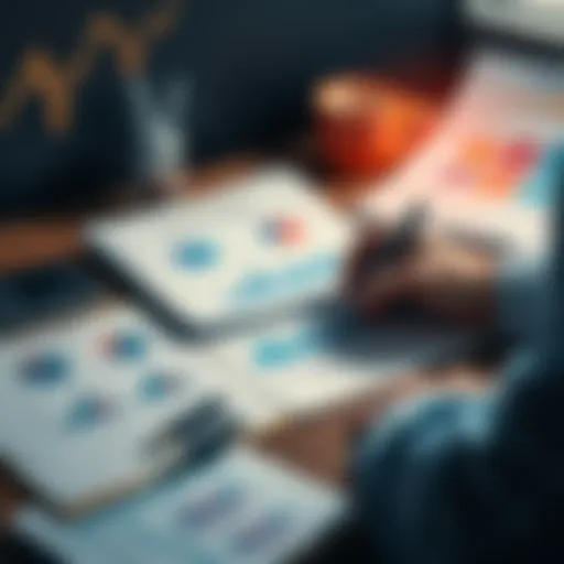 A person analyzing their financial results with charts and notebooks on a desk
