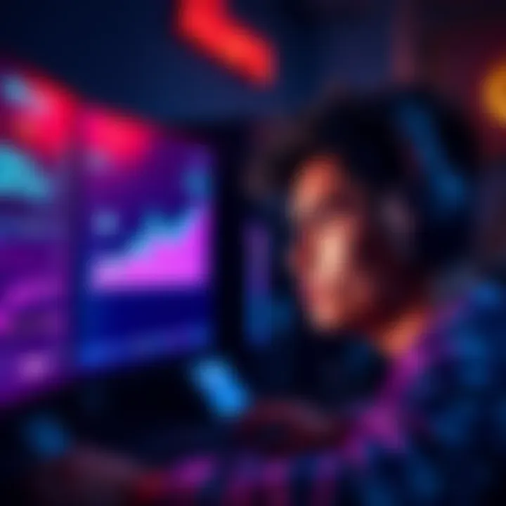 Monthly Financial Losses in Gaming A person looking at a gaming screen with a frown, showing signs of financial loss, with graphs depicting losses on the screen.