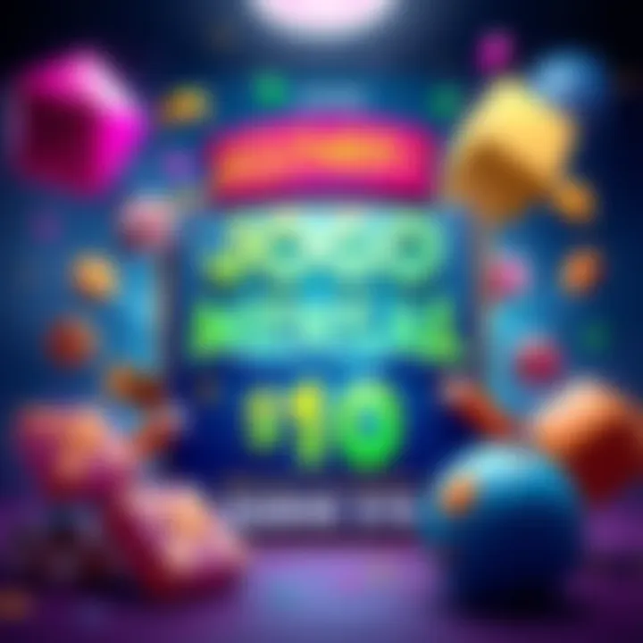 Monthly Game Promotion A colorful graphic promoting a monthly game where participants can guess a value to win $10, featuring playful elements and inviting text.