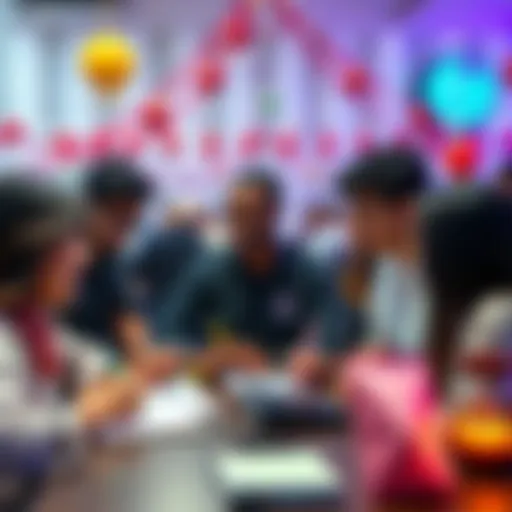 A group of people excitedly discussing and writing down their guesses for a monthly prize challenge, with colorful decorations in the background.