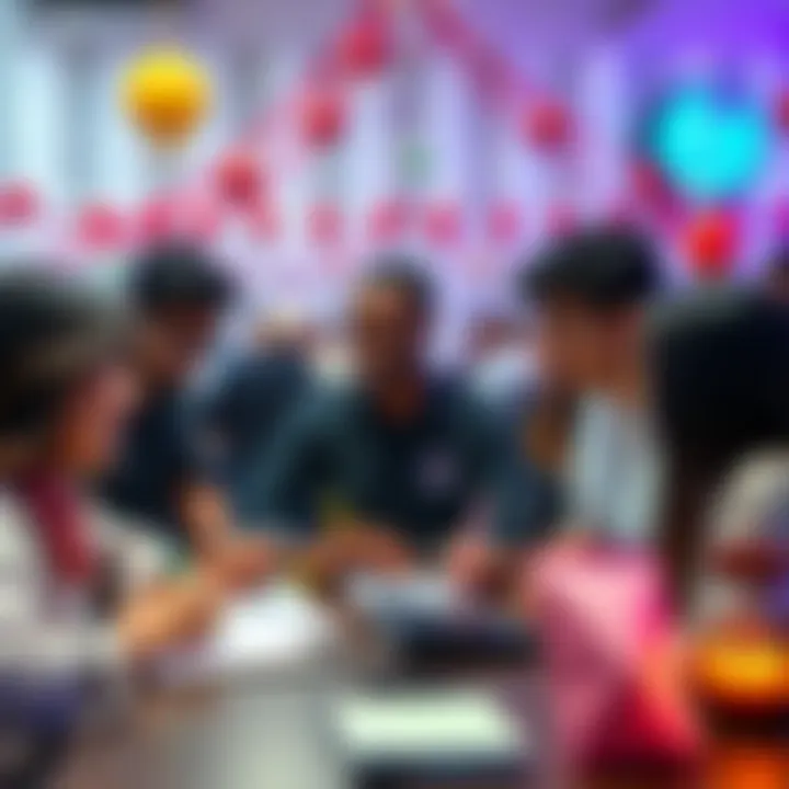 A group of people excitedly discussing and writing down their guesses for a monthly prize challenge, with colorful decorations in the background.