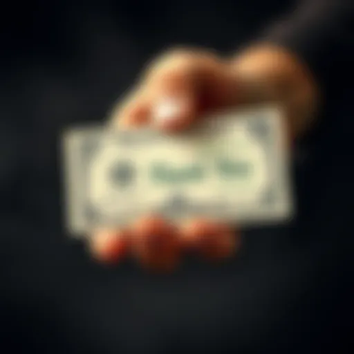 A hand holding a dollar bill with a thank-you note beside it, symbolizing gratitude for a monthly payment.