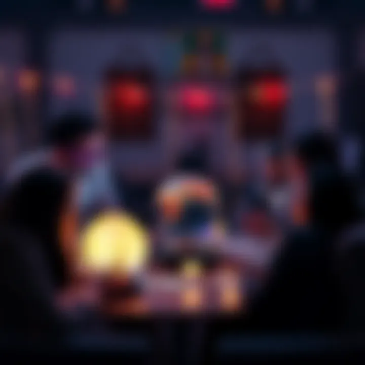 A group of people engaging in a lively discussion about monthly predictions, with fun props like crystal balls and tarot cards.