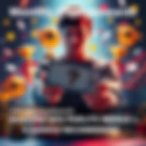 A person holding a ticket with a question mark, surrounded by trophies and prizes