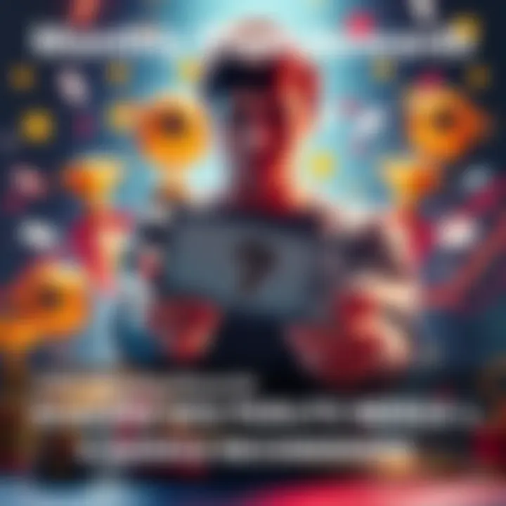 A person holding a ticket with a question mark, surrounded by trophies and prizes