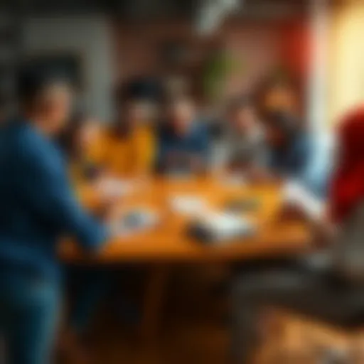 A group of diverse people discussing and guessing a monthly salary around a table with calculators and notepads