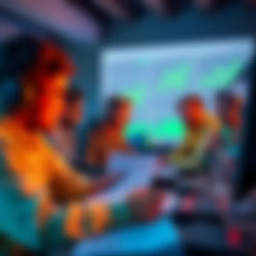 A group of gamers discussing subscription plans at a computer desk, looking at charts and spreadsheets.