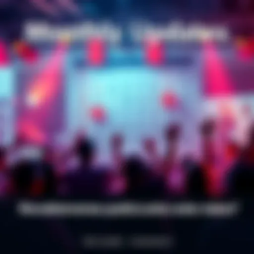 Monthly Updates Announcement A calendar with marked dates indicating new content release days, surrounded by excited people discussing online.