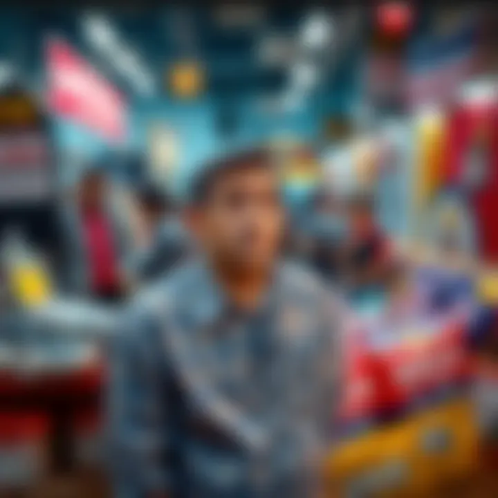 Moreno stands surprised next to items available for sale, with people discussing in the background.