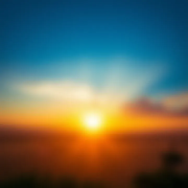 A bright sunrise over a calm landscape, symbolizing a fresh start to the day with warm light and hopeful vibes.