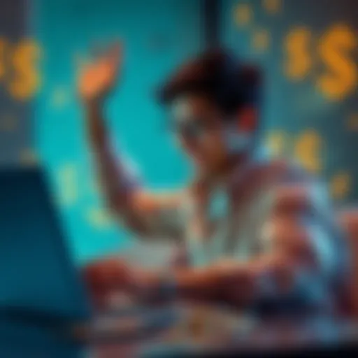 A person celebrating a financial gain, looking at a laptop with dollar signs in the background, representing $300 profit.
