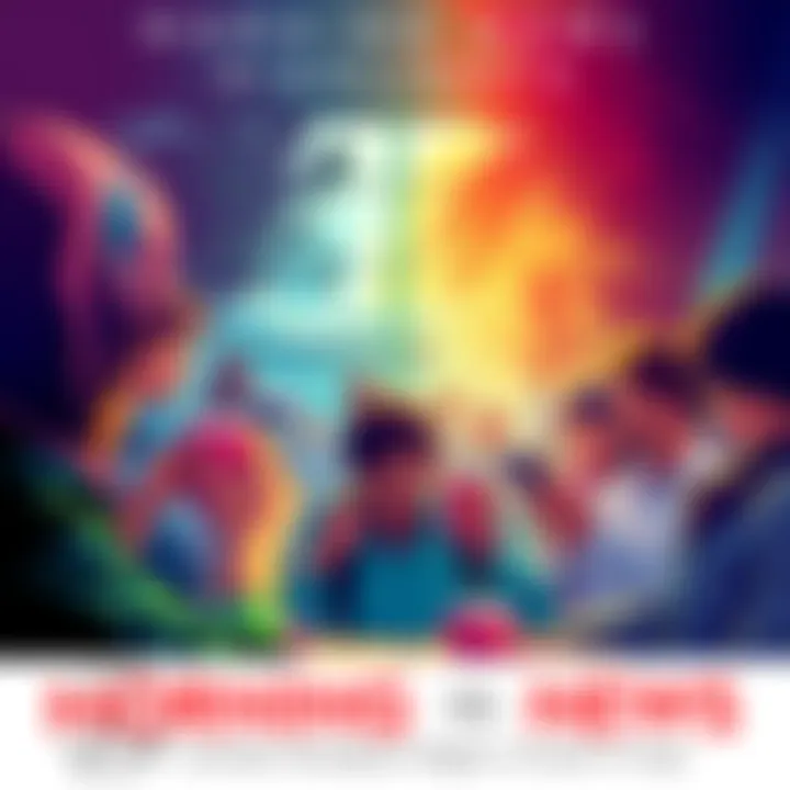 A vibrant morning scene showcasing people reading news updates on their devices with coffee cups in hand.