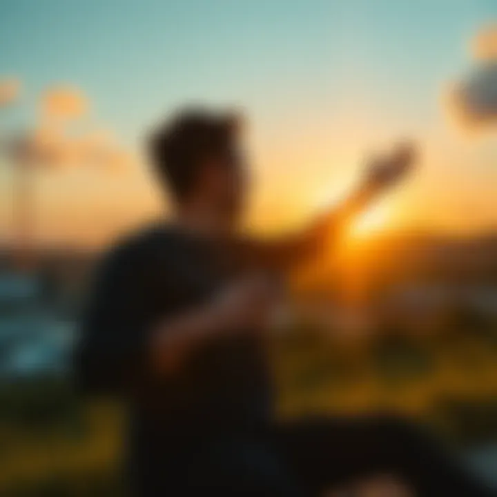A person stretching and enjoying a sunrise with a cup of coffee in hand, symbolizing a positive start to the day.
