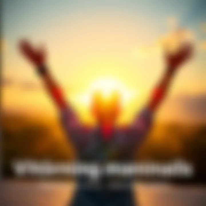 A person enjoying a bright sunrise with arms raised, symbolizing success and new opportunities