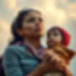 Mother seeking support for level up A determined mother with a hopeful expression, looking upwards while holding her child, symbolizing her journey to reach a higher level on the platform