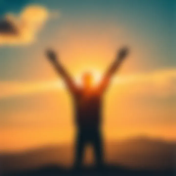 A person stands confidently with arms raised in victory, surrounded by a bright sunrise symbolizing a fresh start for the week ahead.