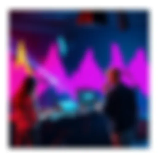 A vibrant scene showing musicians using technology to create music, with colorful sound waves in the background.