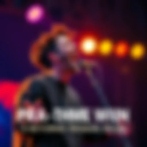 An energetic musician singing passionately into a microphone, with vibrant lights in the background, showcasing the excitement of the hit song