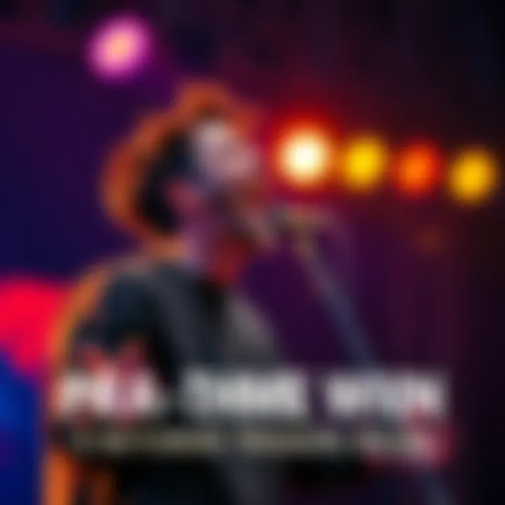 An energetic musician singing passionately into a microphone, with vibrant lights in the background, showcasing the excitement of the hit song