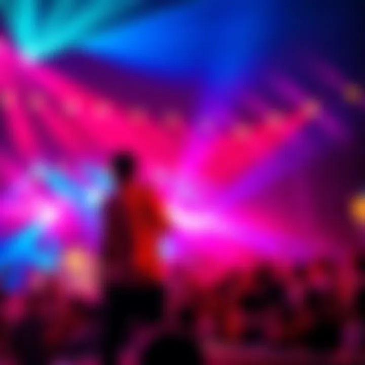 A musician on stage with colorful lights and a crowd enjoying the music