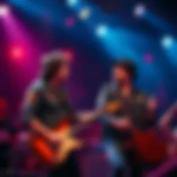A vibrant scene of two musicians performing together at a concert, showcasing their strong partnership and connection with the audience.