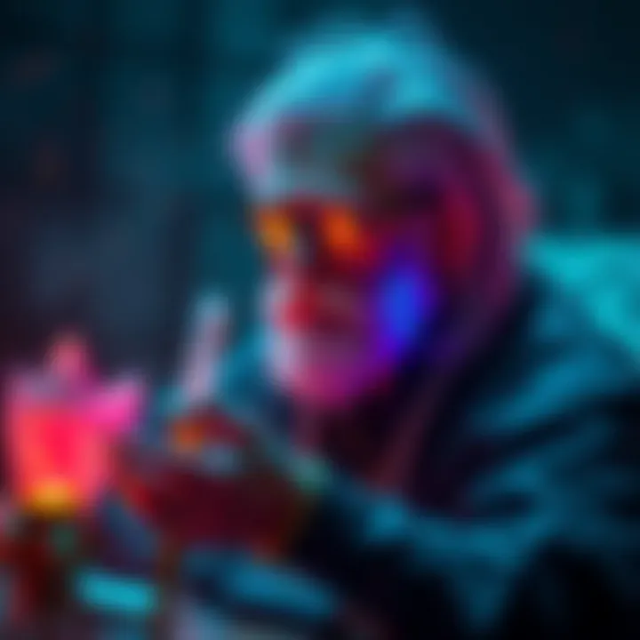 A portrait of Mystic Mac, a modern oracle, surrounded by crystals and tarot cards, with an aura of intrigue.