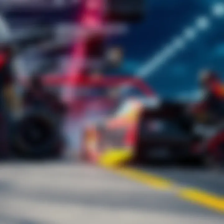 A NASCAR car makes a pitstop during a race, with crew members working on tires and fuel