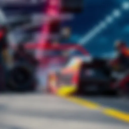 NASCAR pitstop in action A NASCAR car makes a pitstop during a race, with crew members working on tires and fuel