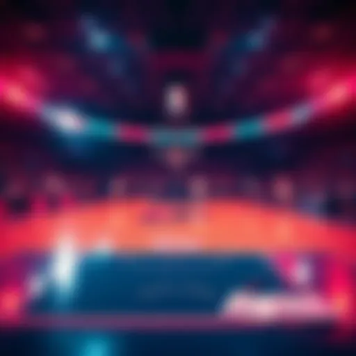 A basketball court with players in action and betting slips on the sidelines, representing NBA betting insights and recommendations.