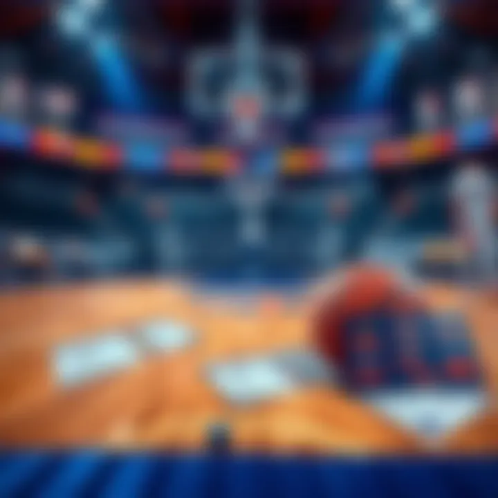 A basketball court with betting slips showcasing different parlay options for NBA games.