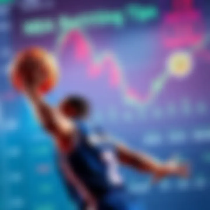A basketball player in action with betting charts and statistics in the background.