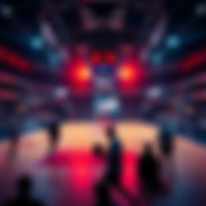 A basketball court with vibrant lighting, showing players warming up before the NBA All-Star Game