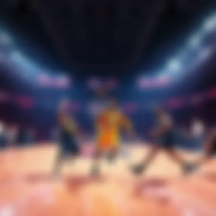 NBA All-Star Weekend Rising Stars A vibrant scene of the NBA All-Star Weekend featuring players from the Rising Stars competition, showcasing excitement and energy on the court.