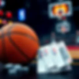 A basketball with betting slips showing potential bets on NBA games