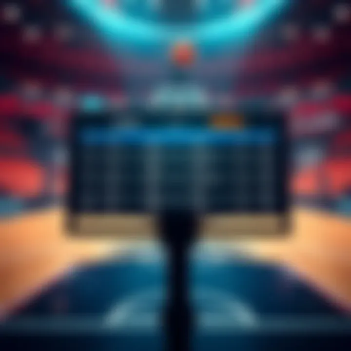 Basketball betting odds displayed on a screen with a basketball court in the background