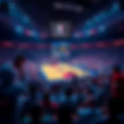 NBA Betting Analysis A basketball court filled with fans cheering during an NBA game, with betting odds visible on a screen