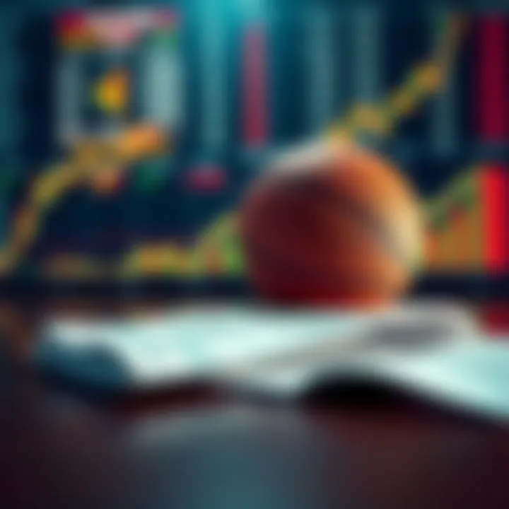 A basketball on a betting slip with financial charts in the background, highlighting NBA betting trends and statistics.