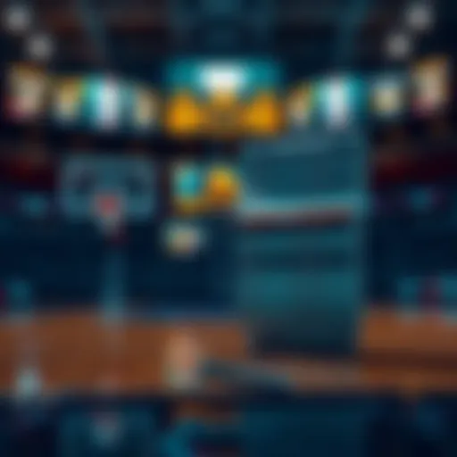 A basketball court with a betting slip and a scoreboard in the background, highlighting NBA games and odds.