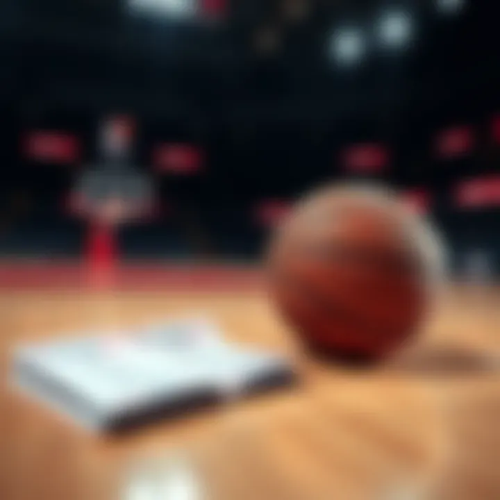 A basketball court with betting slips and a basketball on it, representing NBA betting options