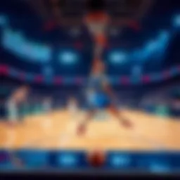 A basketball court with betting odds displayed on a screen, featuring players in action during a game