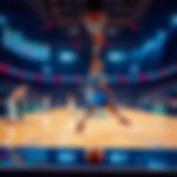 A basketball court with betting odds displayed on a screen, featuring players in action during a game