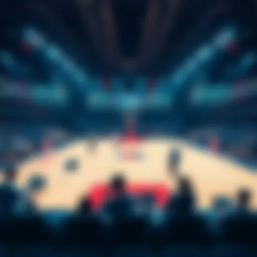 A basketball court with betting odds displayed, people analyzing data on laptops, and charts showing trends for May 15, 2026