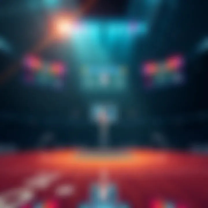 A basketball court with a scoreboard displaying live game stats and various betting lines for players before and during a game