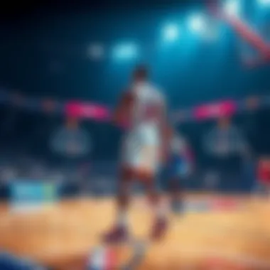 Basketball players on court with odds displayed for betting